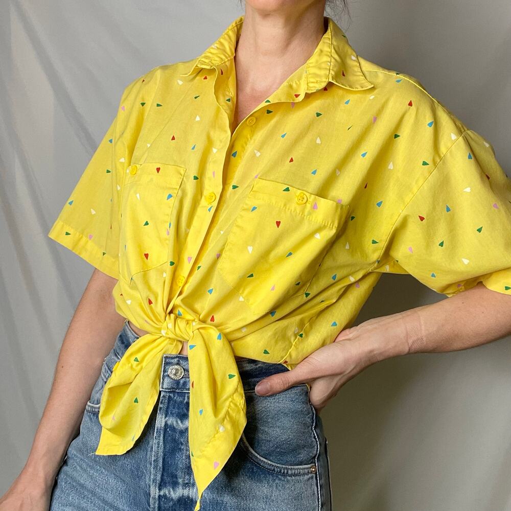 Vintage 80s 90s heart print yellow button-down shirt blouse oversized hearts S - Picture 14 of 17